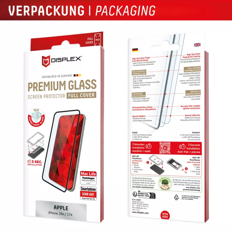 Vetro protettivo premium Displex in vetro temperato (copertura totale, 10H) per Apple iPhone 16e/17e