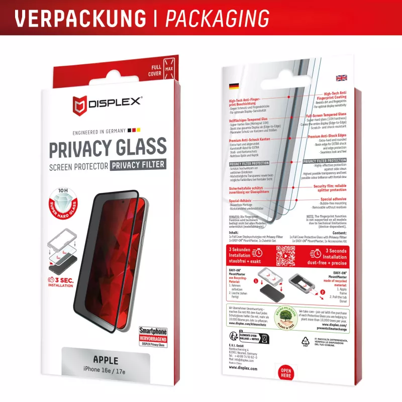 Protezione display privacy in vetro temperato e.v.i. Displex (10H) per Apple iPhone 16e/17e con filtro privacy, antishock e antigraffio