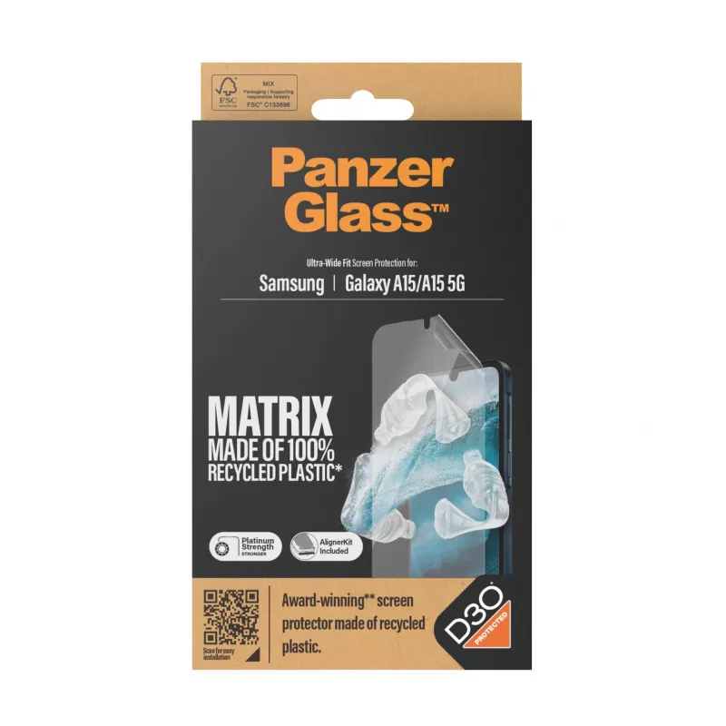 PanzerGlass ® ECO MATRIX Protezione display con D3O® Samsung Galaxy A15 | A15 5G | Ultra-Wide Fit con AlignerKit