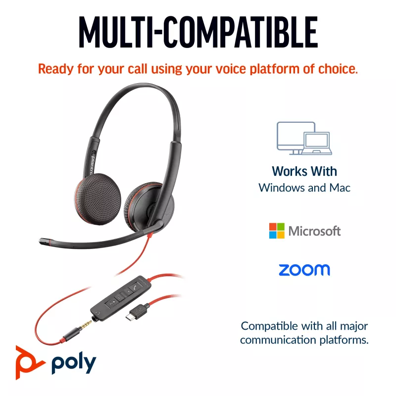 HP Poly Blackwire 3225 cuffie stereo USB-C + jack 3,5 mm + adattatore USB-C/A (bulk)
