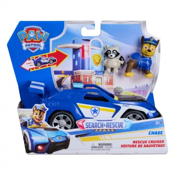 PAW Patrol : Search & Rescue, veicolo Chase Rescue Cruiser con 2 personaggi, auto della polizia giocattolo con meccanismo a richiamo, giocattolo per bambini e bambine da 3 anni