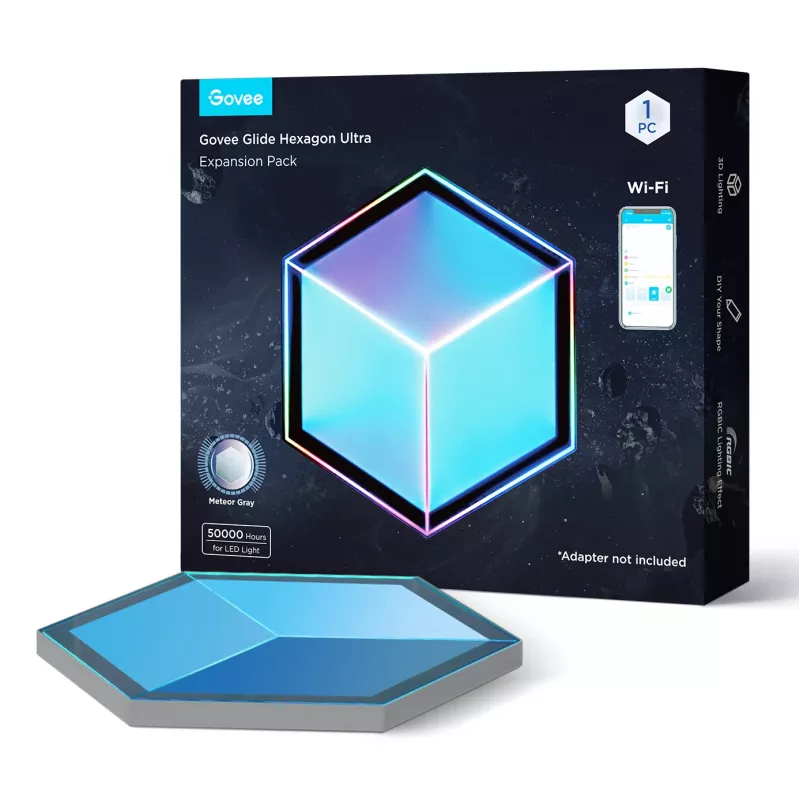 Set di lampade da parete smart Govee Glide Hexagon Light Panels Ultra pacchetto di espansione – Wi-Fi/Bluetooth, ingresso 36 V, grigio
