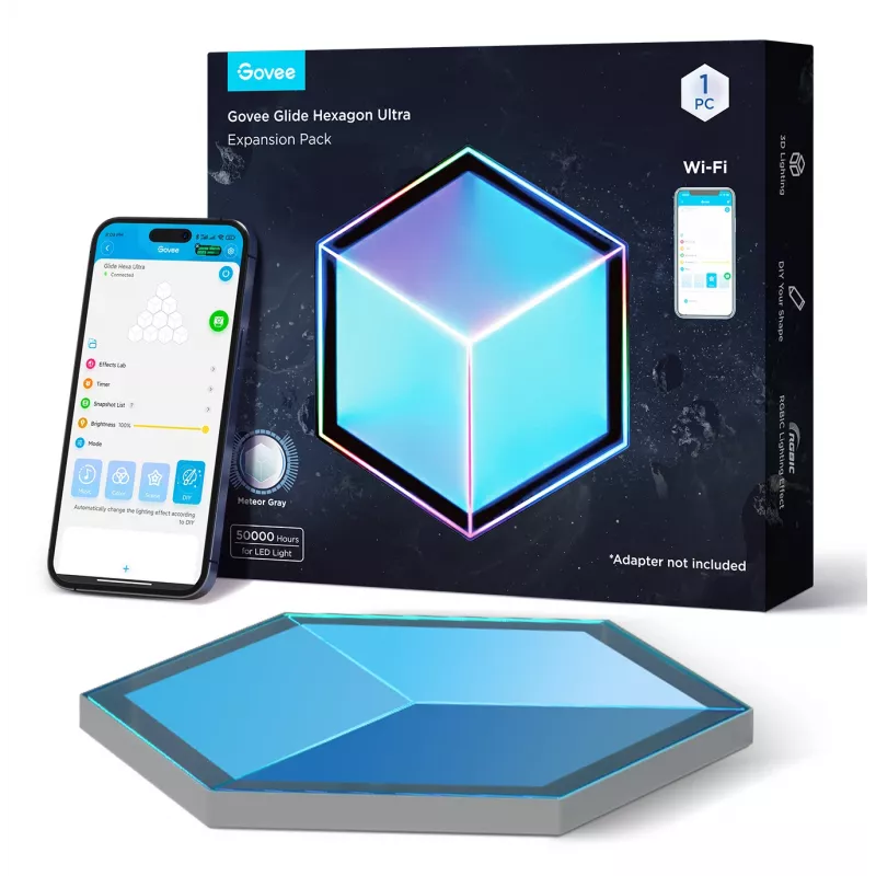 Set di lampade da parete smart Govee Glide Hexagon Light Panels Ultra pacchetto di espansione – Wi-Fi/Bluetooth, ingresso 36 V, grigio