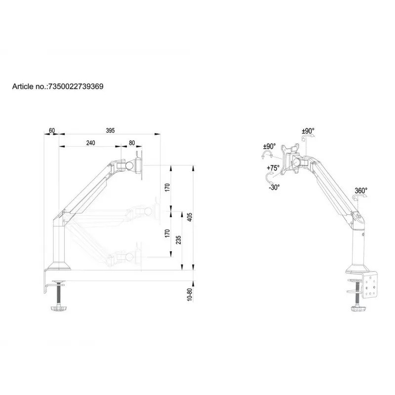 Multibrackets M VESA Gas Lift Arm supporto da scrivania o a parete Basic nero morsetto/fissaggio a vite 10 kg
