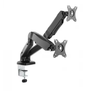 Manhattan supporto da scrivania dual per TV e monitor (braccio a molla a gas completamente orientabile), per schermi da 10 pollici a 27 pollici, morsetto a C o passaggio da tavolo, compatibilità VESA: 75x75 e 100x100 mm – Verificare le dimensioni dei quattro fori di fissaggio sul retro dello schermo per assicurarsi che corrispondano, max. 9 kg (per braccio), supporto