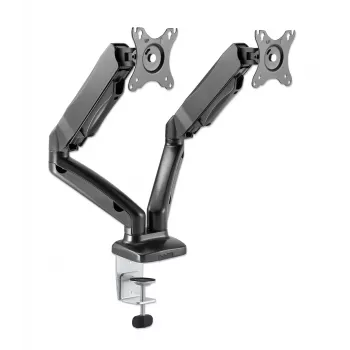 Manhattan supporto da scrivania dual per TV e monitor (braccio a molla a gas completamente orientabile), per schermi da 10 pollici a 27 pollici, morsetto a C o passaggio da tavolo, compatibilità VESA: 75x75 e 100x100 mm – Verificare le dimensioni dei quattro fori di fissaggio sul retro dello schermo per assicurarsi che corrispondano, max. 9 kg (per braccio), supporto