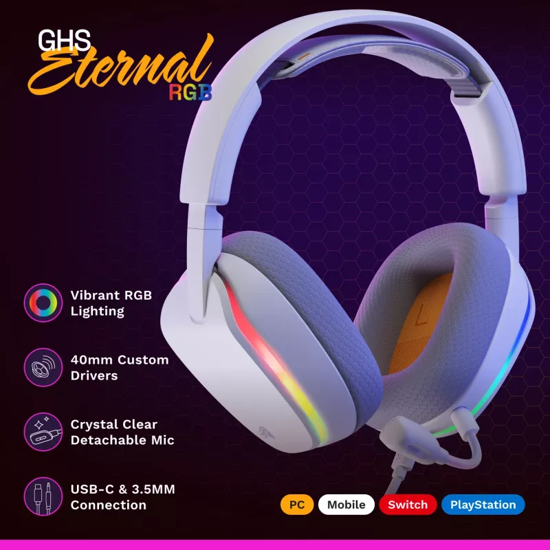 Glorious Gaming Glorious GHS Eternal RGB - headset gaming stereo RGB per PC, PS5, PS4, Switch - driver angolari ottimizzati, microfono rimovibile regolabile e cristallino, USB-C - durevole, comfort per tutto il giorno e la notte - bianco