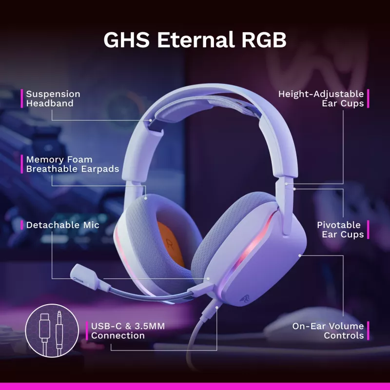 Glorious Gaming Glorious GHS Eternal RGB - headset gaming stereo RGB per PC, PS5, PS4, Switch - driver angolari ottimizzati, microfono rimovibile regolabile e cristallino, USB-C - durevole, comfort per tutto il giorno e la notte - bianco