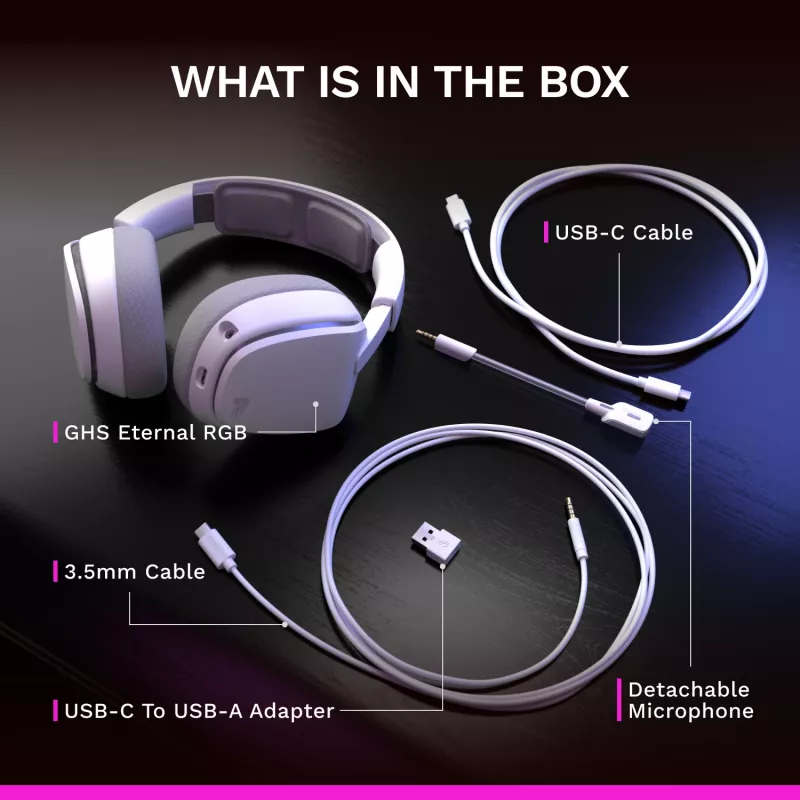 Glorious Gaming Glorious GHS Eternal RGB - headset gaming stereo RGB per PC, PS5, PS4, Switch - driver angolari ottimizzati, microfono rimovibile regolabile e cristallino, USB-C - durevole, comfort per tutto il giorno e la notte - bianco