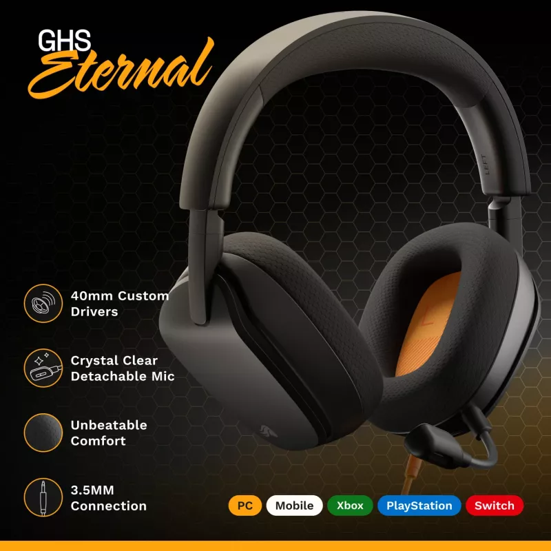 Glorious Gaming Glorious GHS Eternal - headset gaming stereo per PC, PS5, PS4, Xbox, Switch - driver angolari ottimizzati, microfono rimovibile regolabile e cristallino, 3,5 mm - robusto, comfort per tutto il giorno e la notte - nero