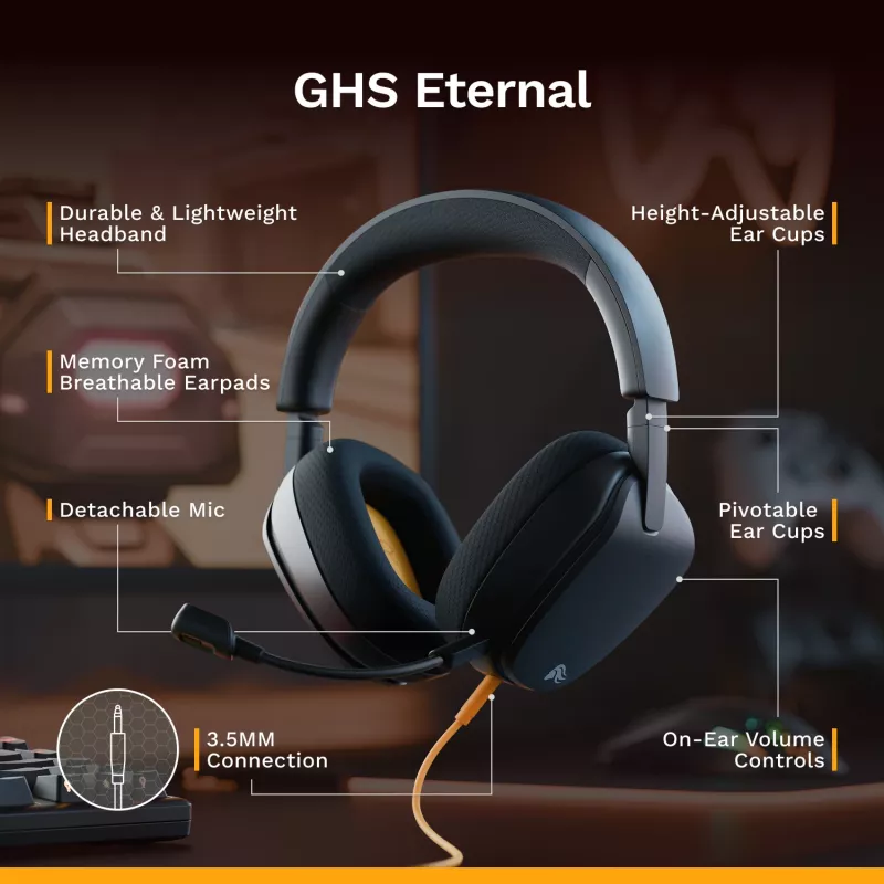 Glorious Gaming Glorious GHS Eternal - headset gaming stereo per PC, PS5, PS4, Xbox, Switch - driver angolari ottimizzati, microfono rimovibile regolabile e cristallino, 3,5 mm - robusto, comfort per tutto il giorno e la notte - nero
