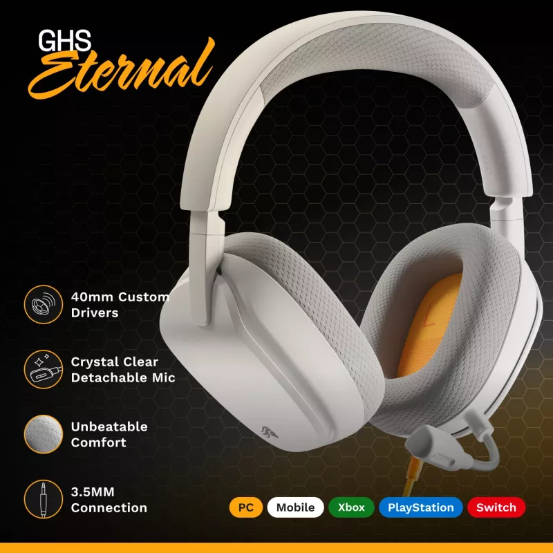 Glorious Gaming Glorious GHS Eternal - headset gaming stereo per PC, PS5, PS4, Xbox, Switch - driver angolari ottimizzati, microfono rimovibile regolabile e cristallino, 3,5 mm - durevole, comfort per tutto il giorno e la notte - bianco