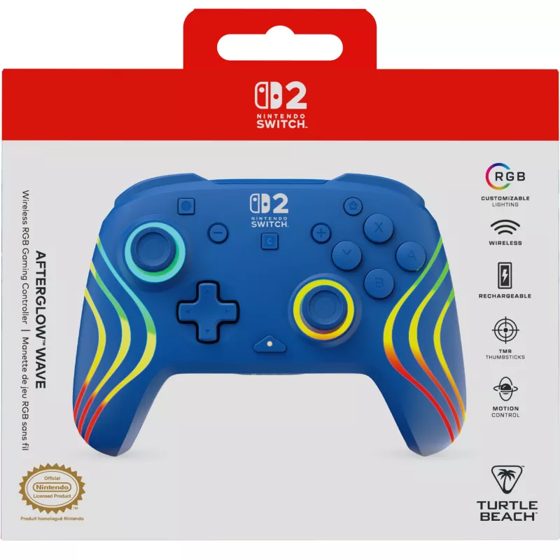 Gamepad con filo e wireless Turtle Beach Afterglow Wave blu per Nintendo Switch 2 – Bluetooth/USB-C, RGB, batteria ricaricabile integrata da 20 ore, cavo da 3 m