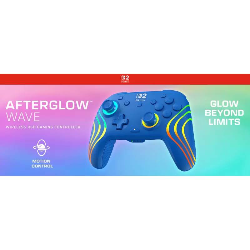 Gamepad con filo e wireless Turtle Beach Afterglow Wave blu per Nintendo Switch 2 – Bluetooth/USB-C, RGB, batteria ricaricabile integrata da 20 ore, cavo da 3 m