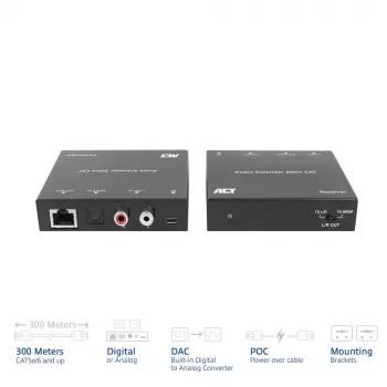 Set extender audio ACT AC7710 — digitale/analogico su Cat5e/Cat6 con DAC, TOSLINK I/O, fino a 300 m, alimentato via USB 5V