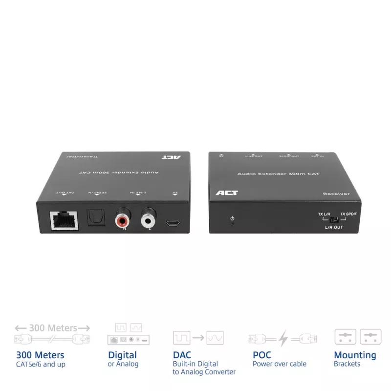 Set extender audio ACT AC7710 — digitale/analogico su Cat5e/Cat6 con DAC, TOSLINK I/O, fino a 300 m, alimentato via USB 5V