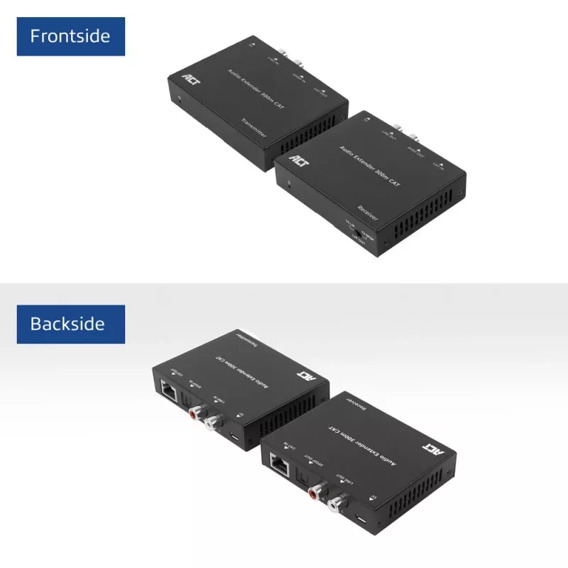 Set extender audio ACT AC7710 — digitale/analogico su Cat5e/Cat6 con DAC, TOSLINK I/O, fino a 300 m, alimentato via USB 5V
