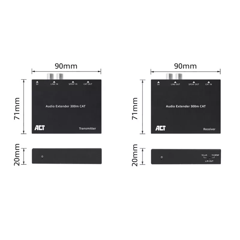 Set extender audio ACT AC7710 — digitale/analogico su Cat5e/Cat6 con DAC, TOSLINK I/O, fino a 300 m, alimentato via USB 5V