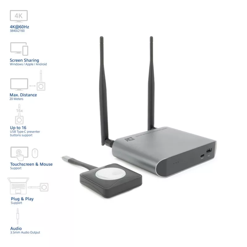 ACT Aero 4K sistema di presentazione wireless, desktop, nero, grigio, 3840 x 2160, 2160p, USB Type-C, USB