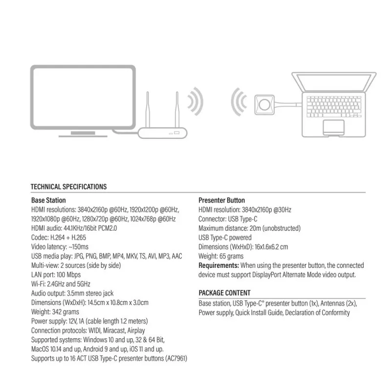 ACT Aero 4K sistema di presentazione wireless, desktop, nero, grigio, 3840 x 2160, 2160p, USB Type-C, USB