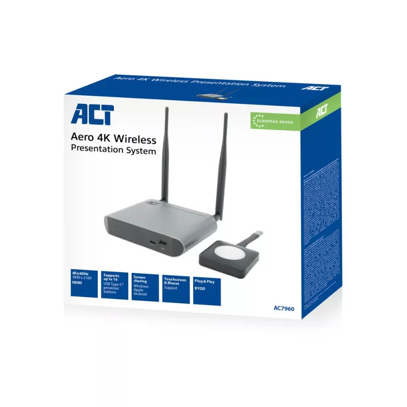 ACT Aero 4K sistema di presentazione wireless, desktop, nero, grigio, 3840 x 2160, 2160p, USB Type-C, USB