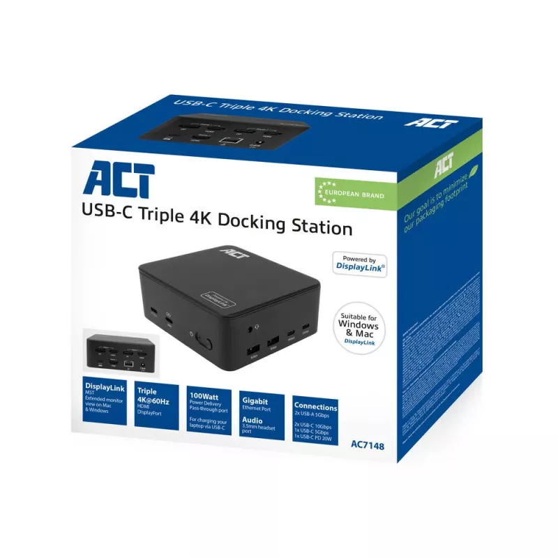 ACT docking station universale USB-C 4K, per 3 monitor HDMI/DisplayPort, DisplayLink