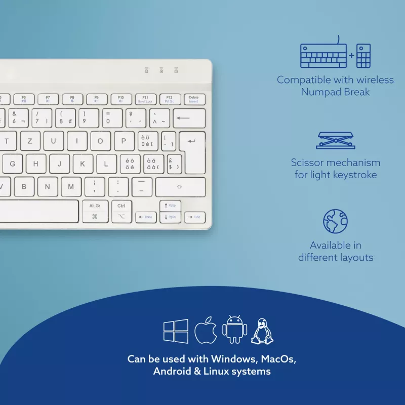 R-Go Tools tastiera ergonomica R-Go Compact Break, tastiera compatta con software per le pause, QWERTZ (CH), Bluetooth, bianco