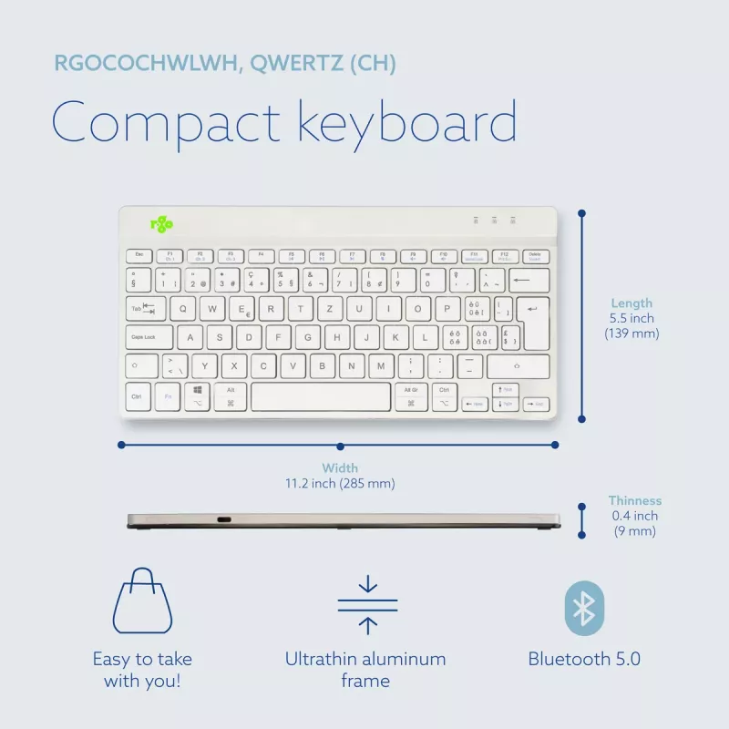 R-Go Tools tastiera ergonomica R-Go Compact Break, tastiera compatta con software per le pause, QWERTZ (CH), Bluetooth, bianco