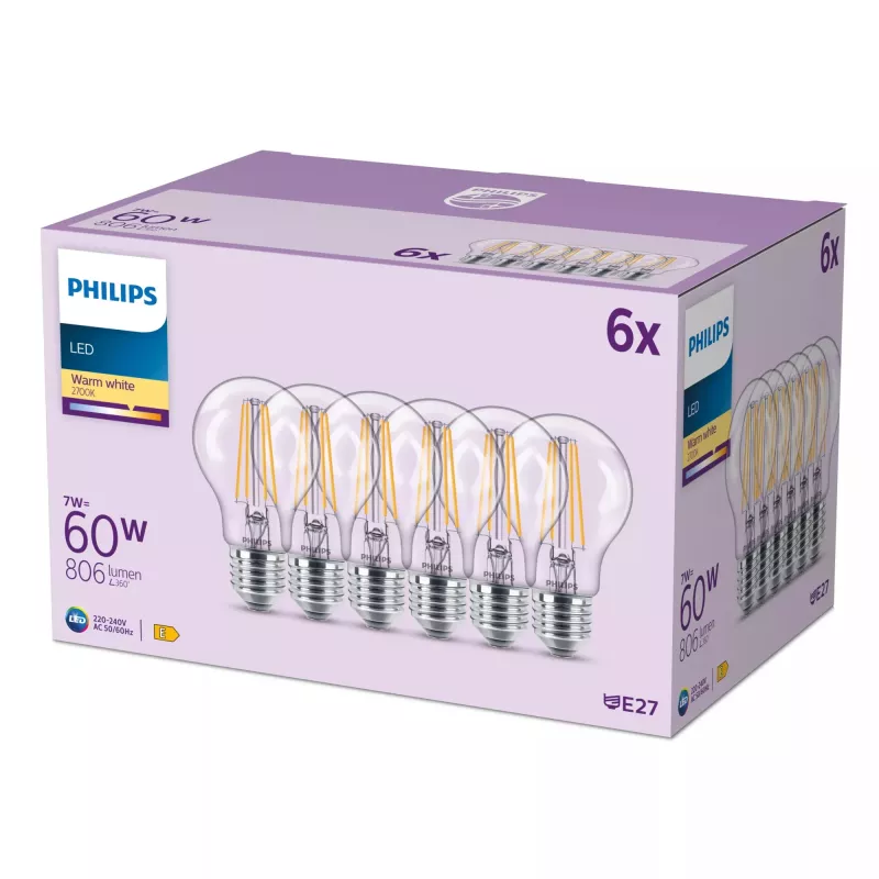Lampadina a filamento Philips trasparente 60 W A60 E27 x6, 7 W, 60 W, E27, 806 lm, 15000 h