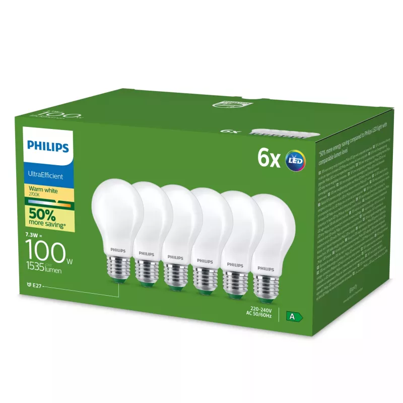 Philips Ultra Efficient lampadina LED E27 A60, 7,3 W (equivalente a 100 W), 2700 K, confezione da 6
