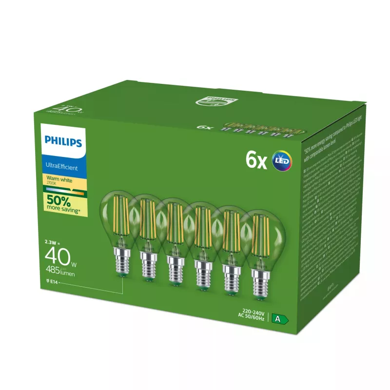 Philips Ultra Efficient lampadina LED E14 P45, 2,1 W (equivalente a 40 W), 2700 K, confezione da 6