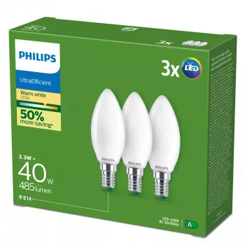 Philips Ultra Efficient lampadina LED E14 B35, 2,1 W (equivalente a 40 W), 2700 K, confezione da 3