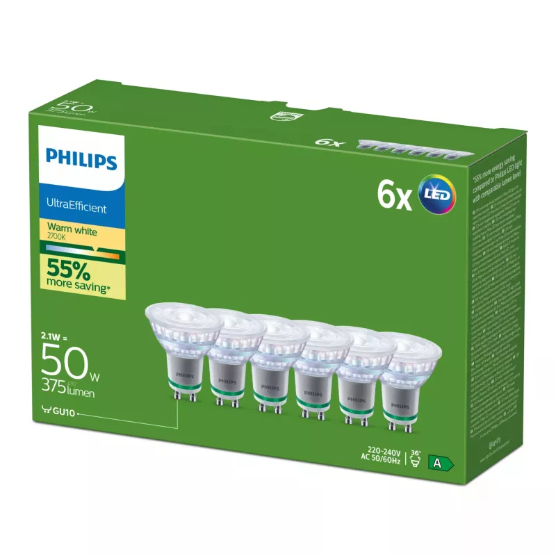 Philips Ultra Efficient lampadina LED GU10, 2,1 W (equivalente a 50 W), 2700 K, 36 gradi, confezione da 6
