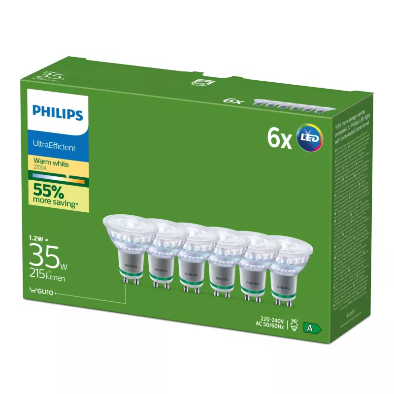 Philips Ultra Efficient lampadina LED GU10, equivalente a 35 W, 2700 K, 36 gradi, confezione da 6