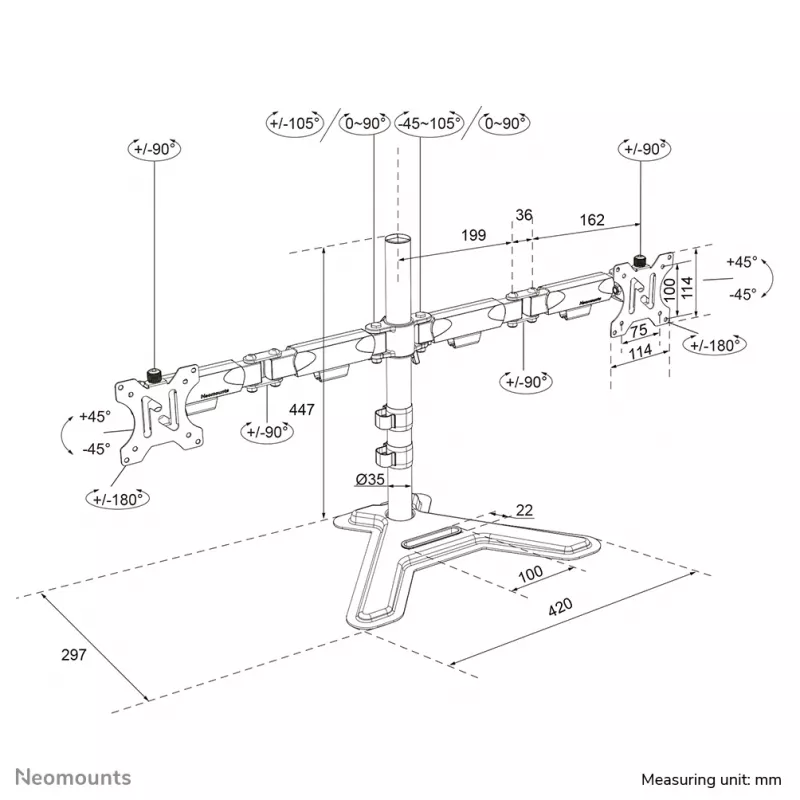 Supporto doppio per monitor Neomounts DS45-600BL2 per schermi da 10–32 inch, supporta 2 display, max. 6 kg, VESA 75x75–100x100, da appoggio, nero