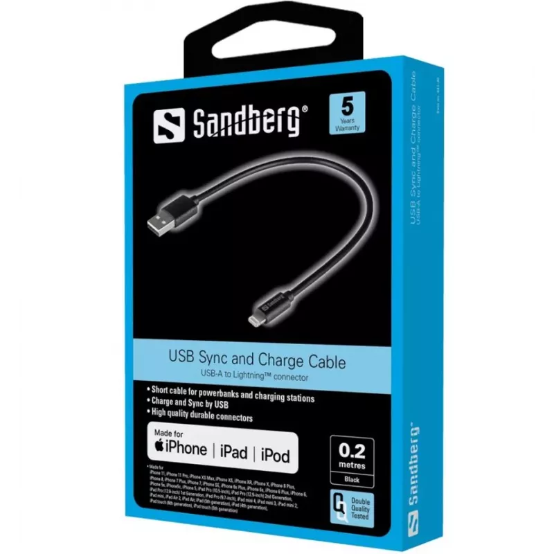 SANDBERG Adattatore Lightning - USB maschio a Lightning maschio - 20 cm - nero - per Apple iPad/iPhone/iPod (Lightning)