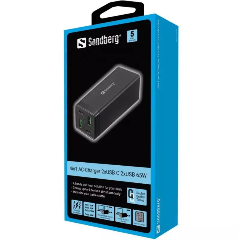 SANDBERG Alimentatore - 65 Watt - 3,25 A - PD, QC - 4 porte di uscita (2 x USB, 2 x USB-C)