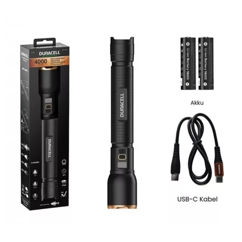 Torcia Duracell DF4000R nera – lampada portatile ricaricabile, design compatto