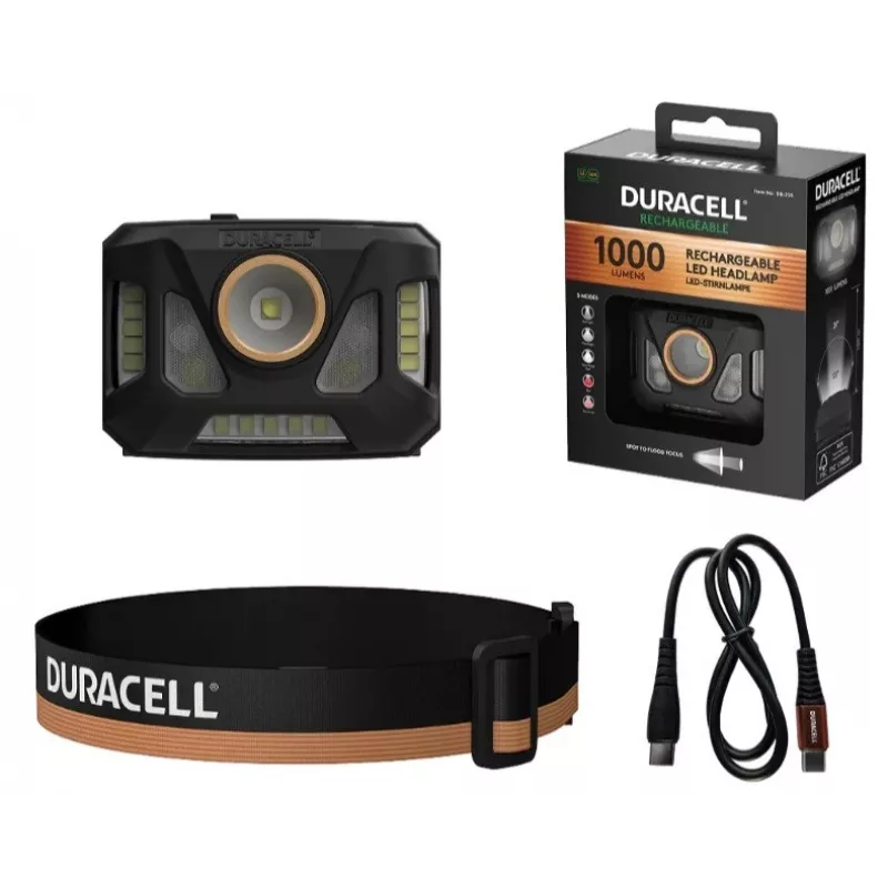 Torcia frontale Duracell DH1000R — nero/arancione, luce ricaricabile a mani libere