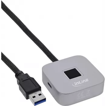 Scanner di impronte digitali USB con hub InLine 41360K, compatibile Windows Hello, cavo 1,5 m, argento