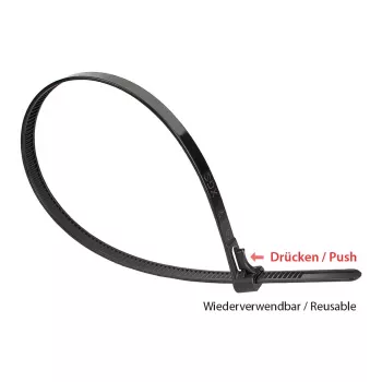 Fascetta fermacavi riutilizzabile 150 mm x 7,2 mm, nera, resistente ai raggi UV, da -40 °C a +85 °C, 100 pezzi (KAB-R15S72)