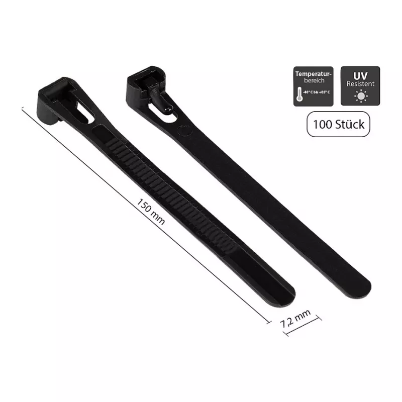 Fascetta fermacavi riutilizzabile 150 mm x 7,2 mm, nera, resistente ai raggi UV, da -40 °C a +85 °C, 100 pezzi (KAB-R15S72)