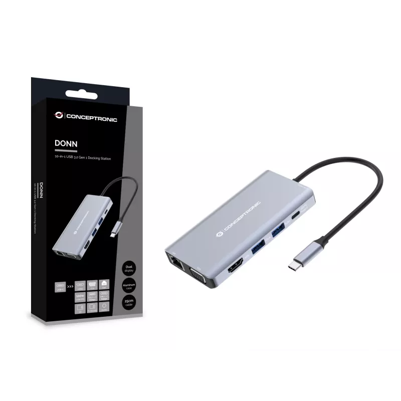 Conceptronic DONN20G docking station 10-in-1 USB 3.2 Gen 1, HDMI, VGA, USB-A 5 Gbit/s, USB-C 5 Gbit/s, SD, TF/MicroSD, audio, GbE LAN, 100 W USB PD