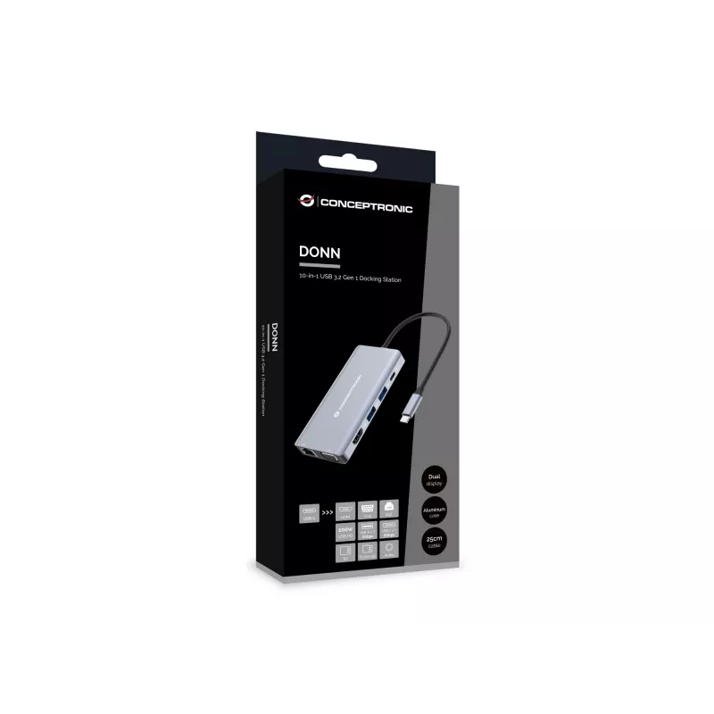 Conceptronic DONN20G docking station 10-in-1 USB 3.2 Gen 1, HDMI, VGA, USB-A 5 Gbit/s, USB-C 5 Gbit/s, SD, TF/MicroSD, audio, GbE LAN, 100 W USB PD