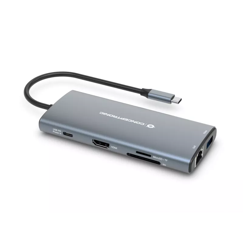 Conceptronic DONN06G docking station 10-in-1 USB 3.2 Gen 1, HDMI, 100 W USB PD, USB-C 5 Gbit/s x 2, USB-A 5 Gbit/s x 3, SD, TF/MicroSD, GbE