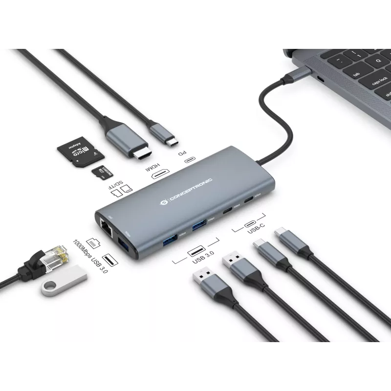 Conceptronic DONN06G docking station 10-in-1 USB 3.2 Gen 1, HDMI, 100 W USB PD, USB-C 5 Gbit/s x 2, USB-A 5 Gbit/s x 3, SD, TF/MicroSD, GbE