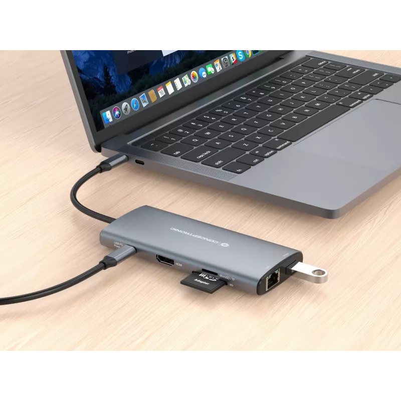 Conceptronic DONN06G docking station 10-in-1 USB 3.2 Gen 1, HDMI, 100 W USB PD, USB-C 5 Gbit/s x 2, USB-A 5 Gbit/s x 3, SD, TF/MicroSD, GbE
