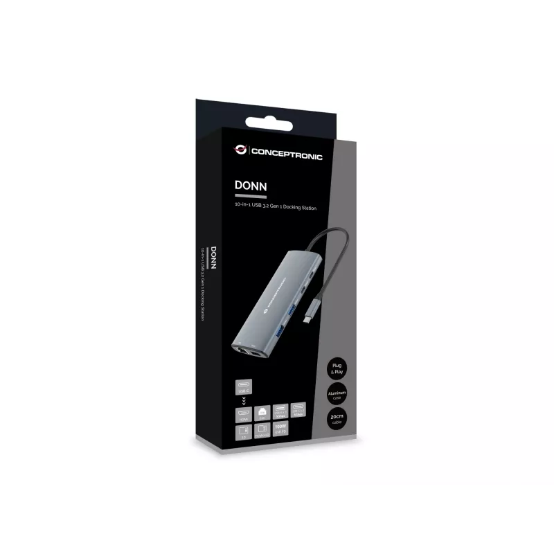 Conceptronic DONN06G docking station 10-in-1 USB 3.2 Gen 1, HDMI, 100 W USB PD, USB-C 5 Gbit/s x 2, USB-A 5 Gbit/s x 3, SD, TF/MicroSD, GbE