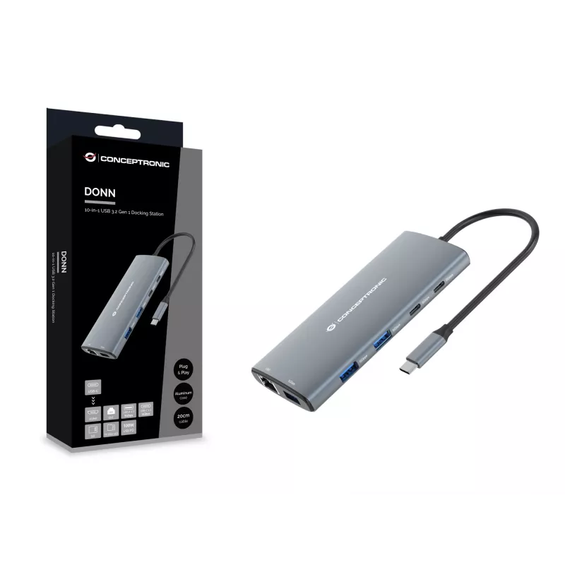 Conceptronic DONN06G docking station 10-in-1 USB 3.2 Gen 1, HDMI, 100 W USB PD, USB-C 5 Gbit/s x 2, USB-A 5 Gbit/s x 3, SD, TF/MicroSD, GbE