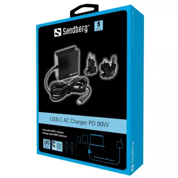 Sandberg caricabatterie AC USB-C PD 90W EU+UK, uso interno, AC, 20,2 V, 4,5 A, 1,8 m, nero